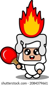 cartoon vector illustration of cute fiery white wax mascot costume character playing ping pong