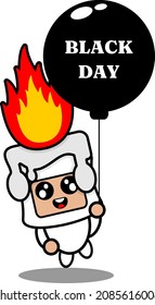 cartoon vector illustration of cute fiery white wax mascot costume character holding balloon black day