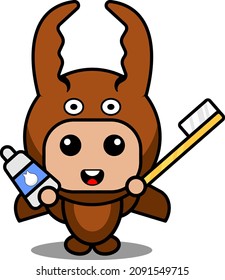 cartoon vector illustration of cute fighting beetle animal mascot costume character holding toothbrush and toothpaste