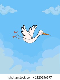 Cartoon vector illustration of cute flying stork on blue cloudy sky background. Symbol of family, love and materinty.