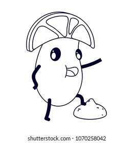 Cartoon Vector Illustration. Cute Food Character. A smiling eggplant in a lemon wedge hat stands in the pose of Napoleon, putting his foot on a piece of lemon. Coloring Book Page