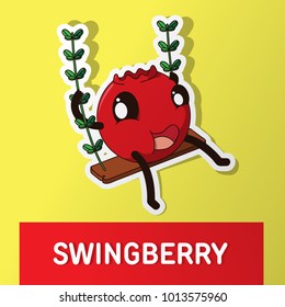 Cartoon Vector Illustration. Cute Fruit Character. Lingonberry on a swing