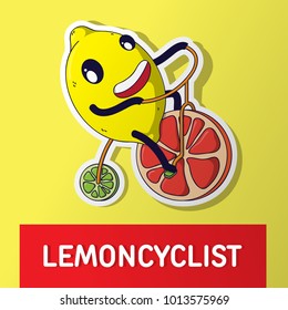 Cartoon Vector Illustration. Cute Fruit Character. Lemon on a citrus bicycle