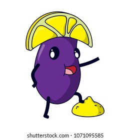 Cartoon Vector Illustration. Cute Fruit Character. A smiling eggplant in a lemon wedge hat stands in the pose of Napoleon, putting his foot on a piece of lemon on isolated white background.