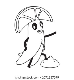 Cartoon Vector Illustration. Cute Fruit Character. A smiling banana in a orange wedge hat stands in the pose of Napoleon, putting his foot on a piece of orange. Coloring Book Page