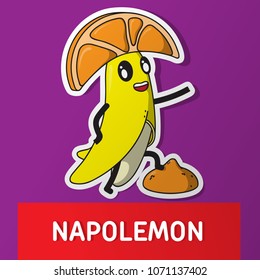 Cartoon Vector Illustration. Cute Fruit Character. A smiling banana in a orange wedge hat stands in the pose of Napoleon, putting his foot on a piece of orange.