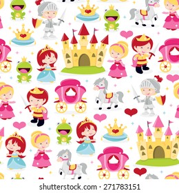 A cartoon vector illustration of cute and fun princesses, prince and knight theme seamless pattern background. 