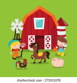 A cartoon vector illustration of a cute and fun farm scene with farm house, farmers and farm animals like a horse, a chicken and a pig.  