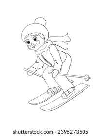 Cartoon vector. Illustration of cute funny little sports girl on skiing on winter time. Isolated.  Coloring Book Page