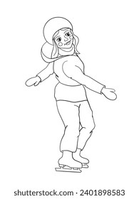 Vector de dibujos animados. Ilustración de una linda y divertida niña deportiva en patines en invierno. Aislado.  Colorear la página del libro.