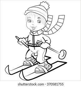 Cartoon vector Illustration of cute funny little sports girl on skiing.
 Isolated.Black