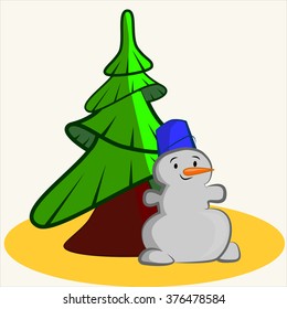 Cartoon vector Illustration of cute funny snowman with fir tree