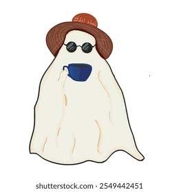 Ilustración vectorial de dibujos animados de lindo fantasma bebiendo té.