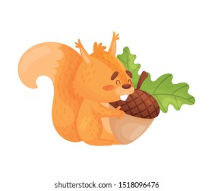 cartoon Vector Illustration Of Cute Ginger Squirrel Holding A Nut