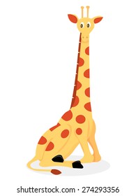 A cartoon vector illustration of a cute giraffe sitting down.