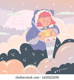 Cartoon Vector Illustration of a Cute Girl on a Cloud. The Girl is Sitting on a Soft Cloud and Holding a Cup of Hot Coffee. Flat Illustration in Pastel Colors