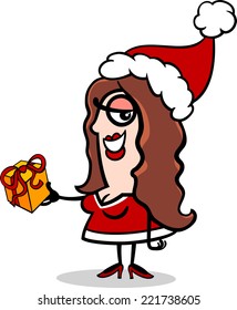 Cartoon Vector Illustration of Cute Girl Santa Claus Character with Christmas Present