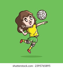 Cartoon vector illustration of Cute Girl playing volleyball. Volleyball player mascot illustration.