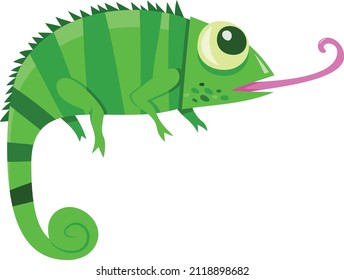 A cartoon vector illustration of a cute green chameleon lizard with tongue sticking out.