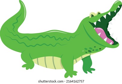 A cartoon vector illustration of a cute green crocodile with mouth wide open.