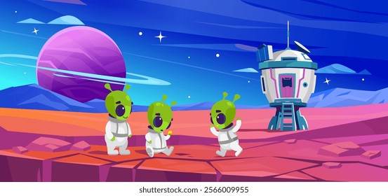 Cartoon vector illustration of cute green aliens in white space suits exploring a colorful alien planet with a futuristic spaceship base, rocky landscape, vibrant blue sky. Sci-fi, space adventure.