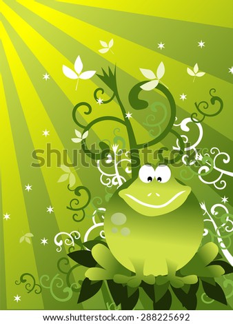 A cartoon vector illustration of a cute green frog with green sunburst background.