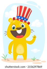 Cartoon vector illustration of cute hamster wearing Uncle Sam hat. USA independence Day. Isolated on white