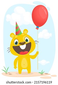 Cartoon vector illustration of cute hamster holding red balloon. Birthday party illustration. Isolated on white