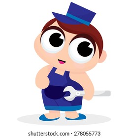 A cartoon vector illustration of a cute handyman in blue overall and holding a wrench.