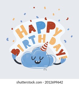 Cartoon vector illustration of cute happy birthday card with fun happy magic cloud with Happy birthday celebrate on white backround.