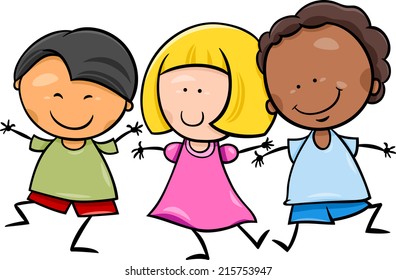 Cartoon Vector Illustration of Cute Happy Multicultural Children Boys and Girl Characters