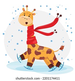 Cartoon vector illustration with a cute happy giraffe ice scatting and having fun. Winter illustration with giraffe. 