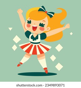 A cartoon vector illustration of cute happy blonde cheerleader girl.