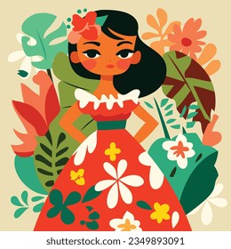 A cartoon vector illustration of cute happy hawaiian girl with floral background