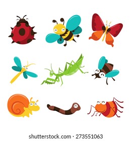 A Cartoon Vector Illustration Of Cute And Happy Bugs And Insects Character Icons. Included In This Set:- Lady Bug, Bee, Butterfly, Dragonfly, Praying Mantis, Fly, Snail, Worm And Spider