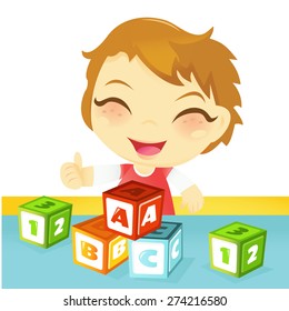 A Cartoon Vector Illustration Of A Cute Happy Little Boy Having Fun Playing With Letter Building Blocks Toy.