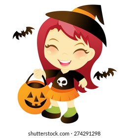 A cartoon vector illustration of a cute happy girl going trick or treat on Halloween.