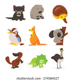 A Cartoon Vector Illustration Of Cute And Happy Australian Animals Icon Set Like Tasmanian Devil, Wombat, Echidna, Kookaburra, Kangaroo, Koala Bar, Platypus, Frill Neck Lizard And Emu.