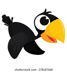 A cartoon vector illustration of a cute happy crow flying.