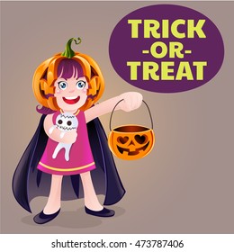 A cartoon vector illustration of a cute happy girl going trick or treat on Halloween