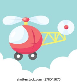 A cartoon vector illustration of a cute helicopter up in the sky.