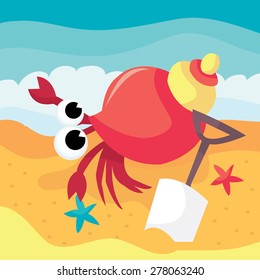 A cartoon vector illustration of a cute hermit crab by the beach.