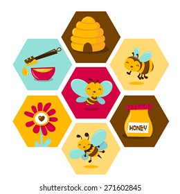 A cartoon vector illustration of cute honey bees theme honeycomb hexagon. 
