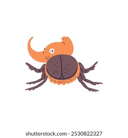 Ilustración vectorial de dibujos animados de un lindo escarabajo de rinoceronte con cuernos girando con una sonrisa. Un insecto encantador sobre un fondo blanco, perfecto para pegatinas.