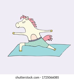 Cartoon Vector Illustration von süßem kawaii Pony, die Yoga Posenkrieger im Karikaturenstil