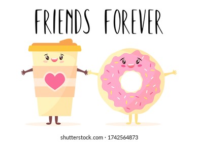 Cartoon vector illustration of cute kawaii smiling characters coffee cup and donut holding hands. Fun concept for coffee to go or cafe, bakery menu. Friends forever.