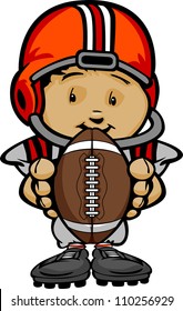 Cartoon Vector Illustration of a Cute Kid Football Player with Hands holding Ball