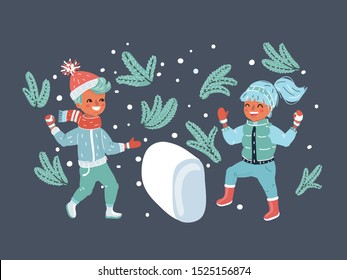 Cartoon vector illustration of cute kids enjoying winter, play in snowballs. Human character on dark backgorund. Winter and christmas concept.