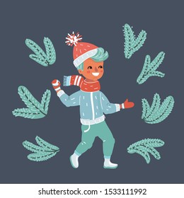 Cartoon vector illustration of cute kids playing winter games, cartoon concept, dark background.