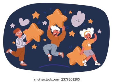 Cartoon vector illustration of Cute kids holding gold stars over dark backround